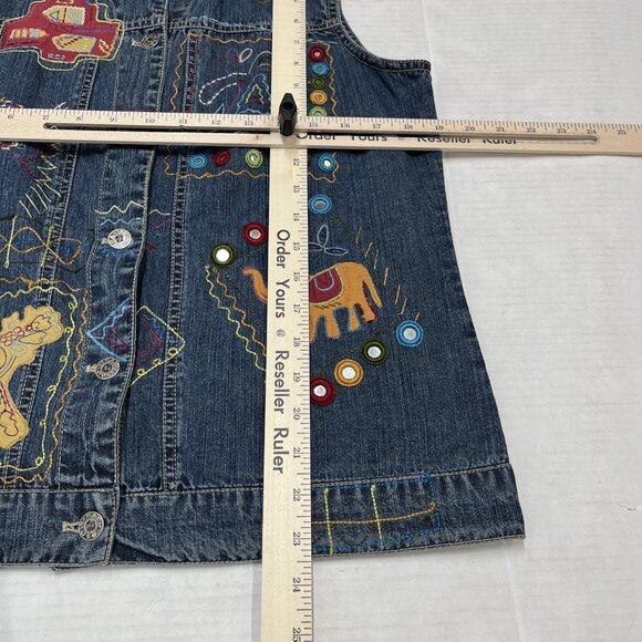 Chicos Denim Vest Women 1 S Embellished Embroidered Mirrors Patchwork Artsy Boho - Picture 5 of 8